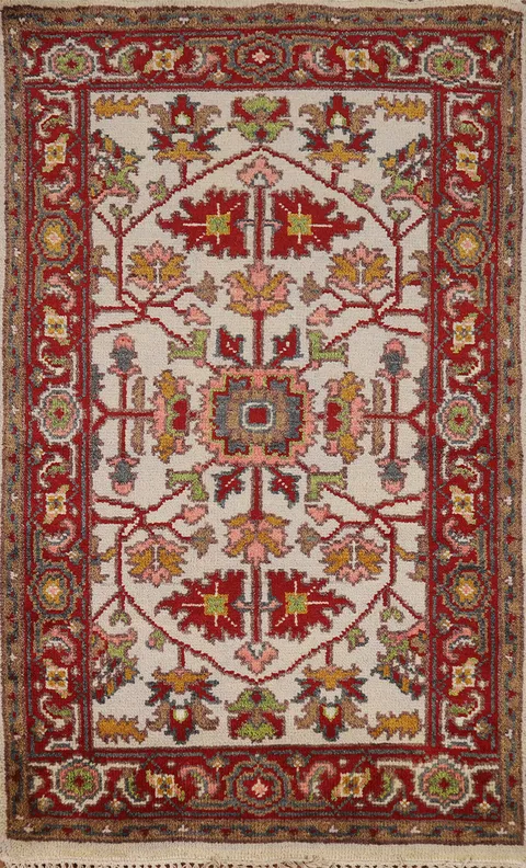 Floral Wool Ivory Oushak Indian Rug 3x5