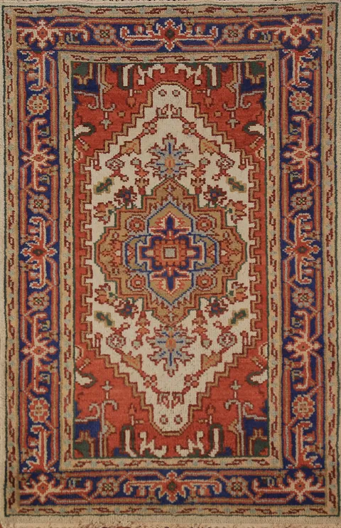 Ivory & Orange Wool Heriz Serapi Indian Rug 3x5