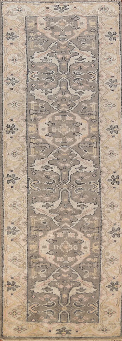 Gray & Ivory Wool Oushak Indian Runner Rug 3x10