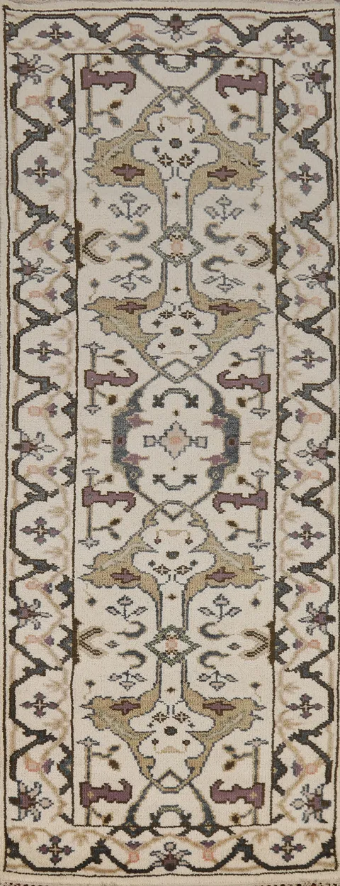 All-Over Wool Ivory Oushak Indian Runner Rug 3x8