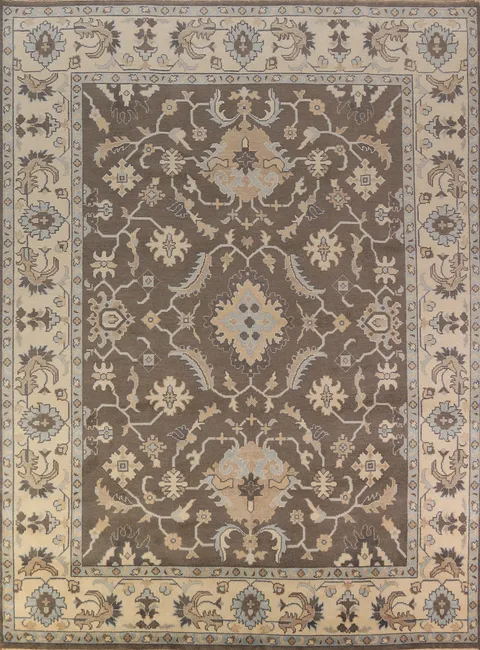 Brown Floral Wool Oushak Indian Area Rug 9x12