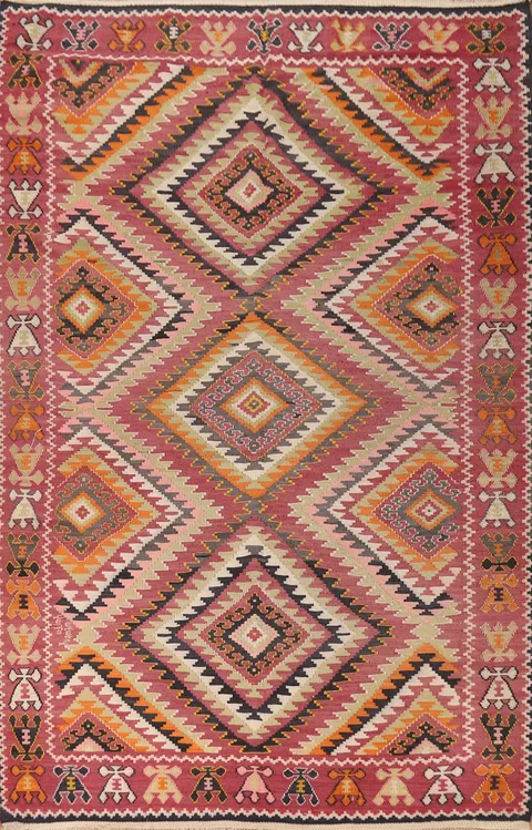 100% Wool Pink Geometric Kilim Persian Area Rug 5x9