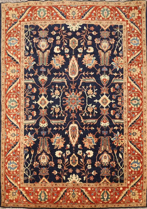 Vegetable Dye Wool & Silk Navy Blue Tabriz Persian Rug 5x7
