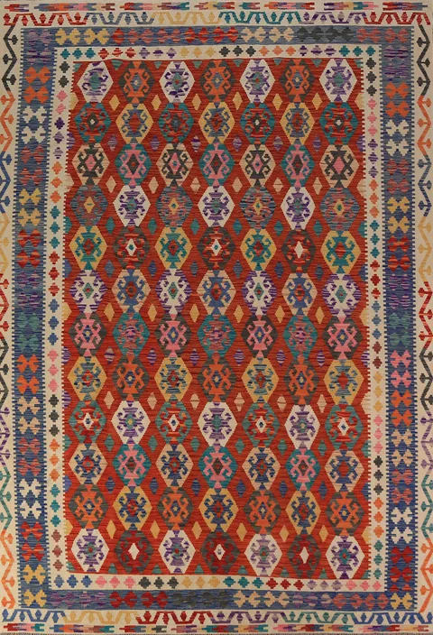 All-Over Geometric Wool Kilim Oriental Area Rug 8x12