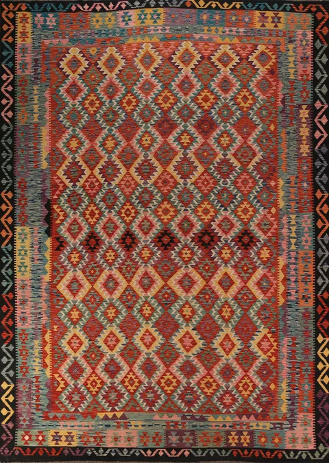 Flat Weave Wool Trellis Kilim Oriental Area Rug 10x13