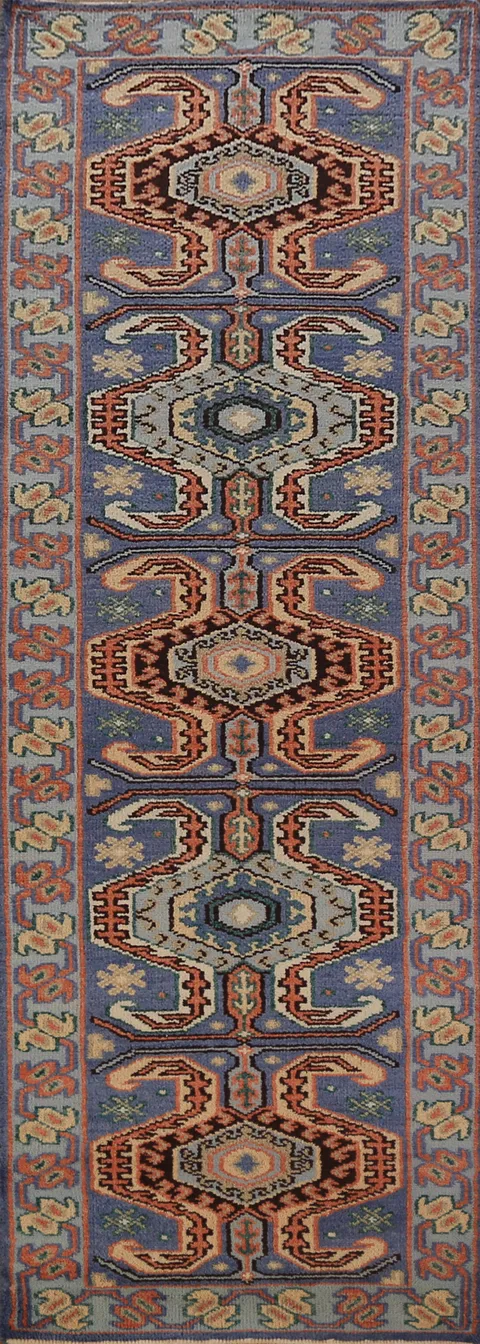 Blue Geometric Kazak Indian Runner Rug 3x10