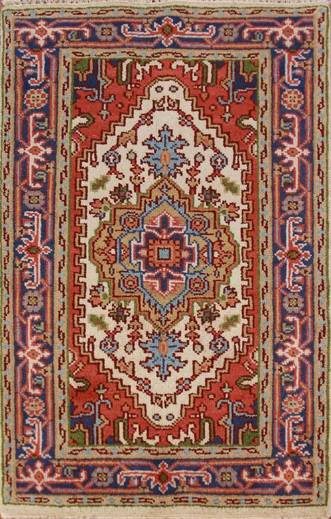 Ivory Geometric Heriz Serapi Indian Foyer Rug 3x5