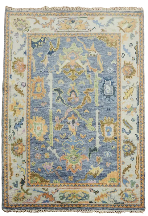 Blue Floral Oushak Oriental Rug 4x6