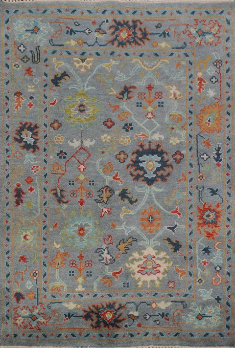 All-Over Blue Floral Oushak Oriental Rug 4x6