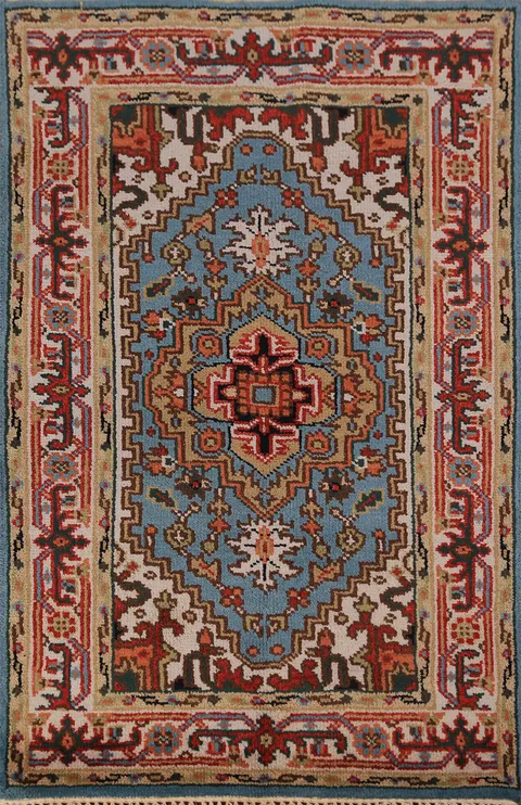 Light Blue Geometric Heriz Serapi Indian Foyer Rug 3x5