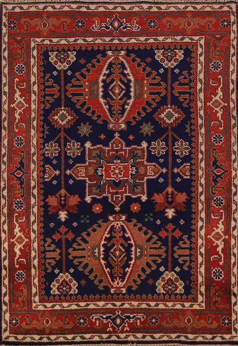 Navy Blue & Orange Wool Khotan Oriental Accent Rug 4x6