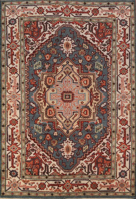 Blue Geometric Heriz Serapi Oriental Accent Rug 4x6