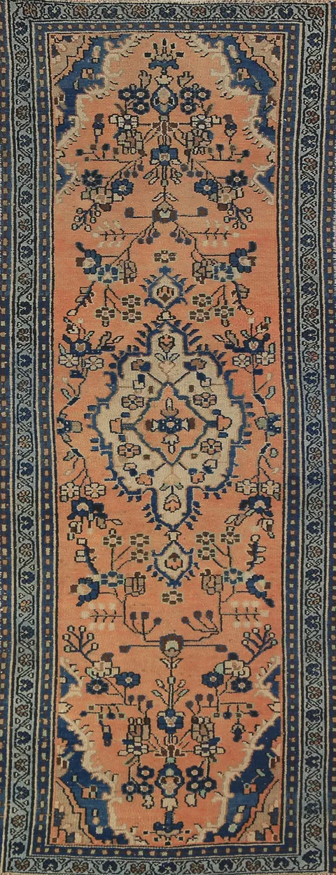 Orange Wool Medallion Hamedan Persian Runner Rug 3x9