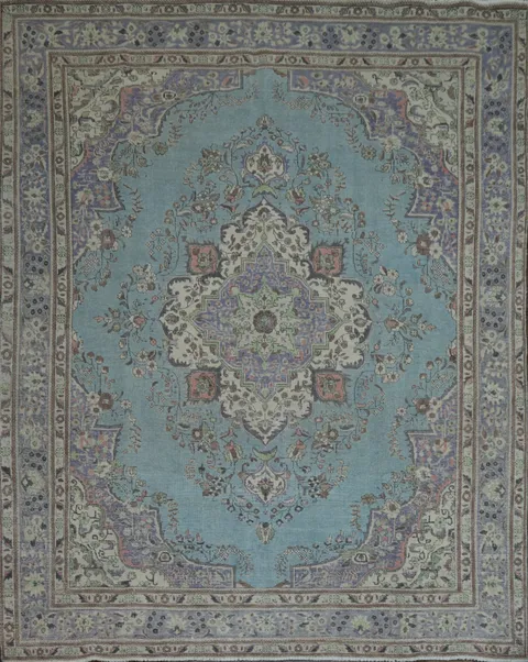 Light Blue Medallion Wool Tabriz Persian Area Rug 10x12