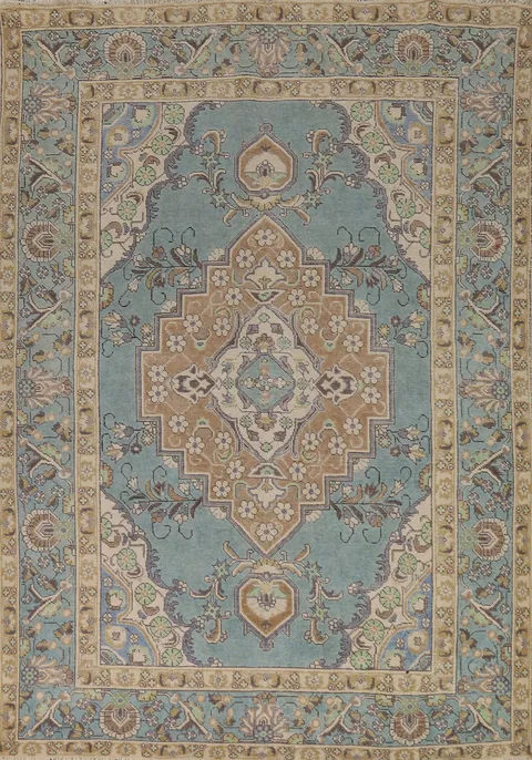 Light Blue Geometric Tabriz Persian Area Rug 7x10