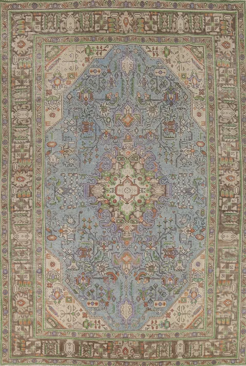 Light Blue Geometric Tabriz Persian Area Rug 7x10