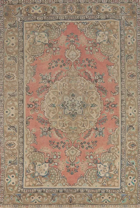 Vintage Pink Floral Tabriz Persian Area Rug 6x10