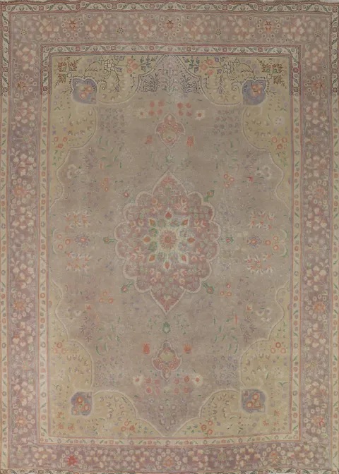 Distressed Wool Brown Tabriz Persian Area Rug 10x13