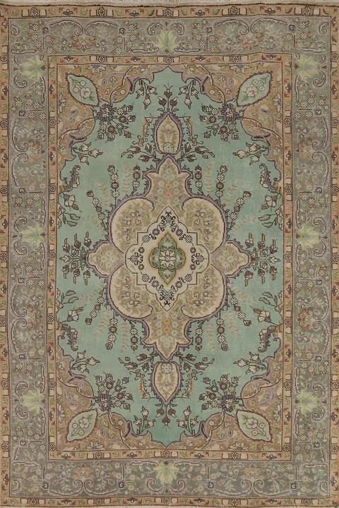 Aqua Green Medallion Tabriz Persian Area Rug 6x9