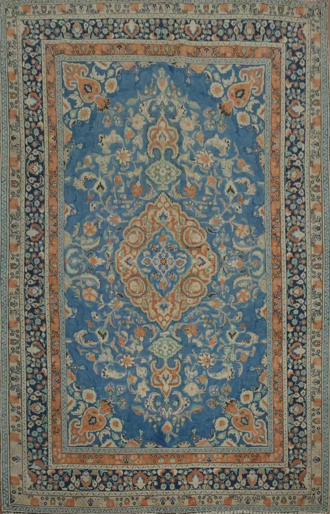 Blue & Orange Wool Tabriz Persian Area Rug 7x9