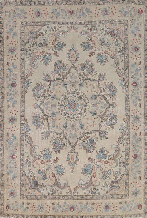 Ivory Wool Medallion Tabriz Persian Area Rug 7x10