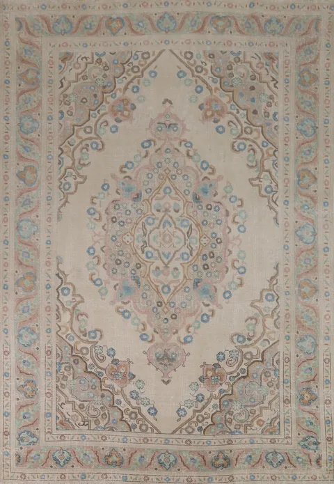 Ivory Wool Medallion Tabriz Persian Area Rug 8x11
