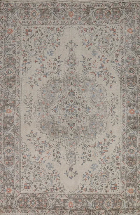 Ivory Wool Medallion Tabriz Persian Area Rug 7x10
