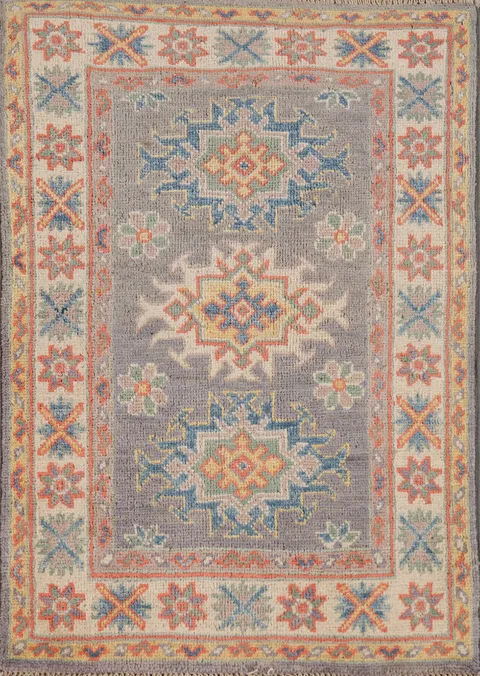 Gray Wool Geometric Kazak Oriental Foyer Rug 2x3