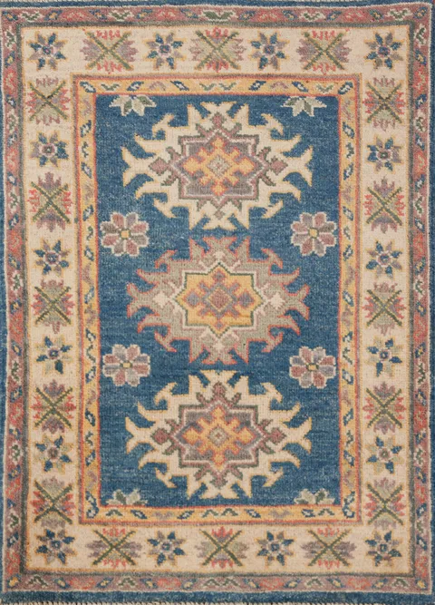 Blue Geometric Kazak Oriental Accent Rug 2x3