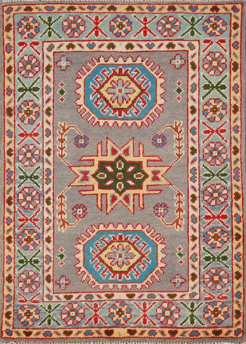 Gray & Blue Geometric Wool Kazak Oriental Foyer Rug 2x3