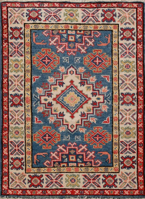 Blue Geometric Kazak Oriental Accent Rug 2x3