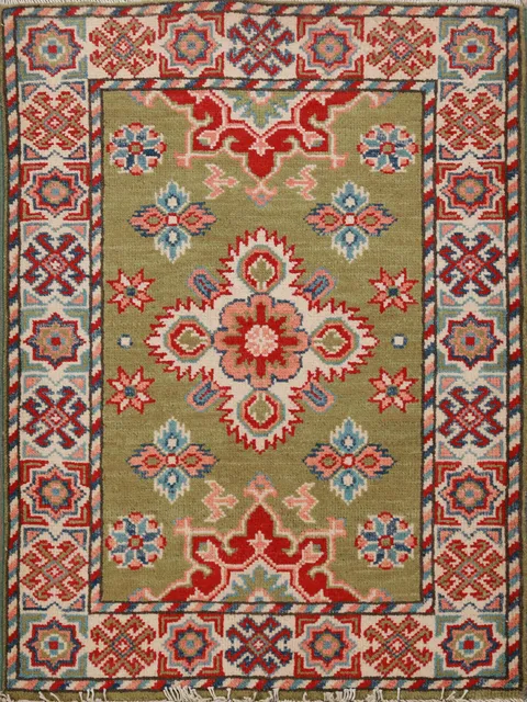 Green Wool Geometric Kazak Oriental Accent Rug 2x3