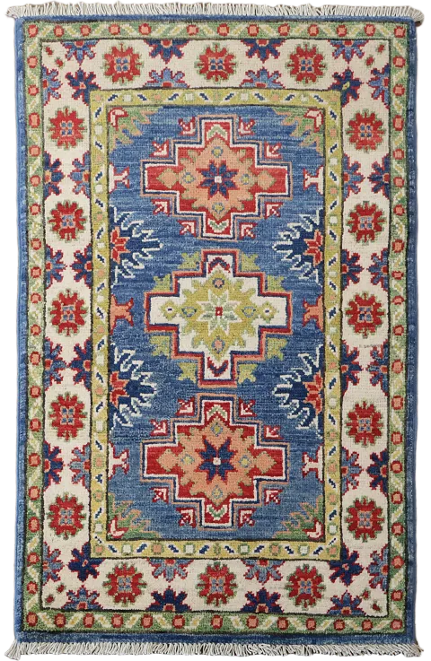 Blue Geometric Wool Kazak Oriental Foyer Rug 2x3