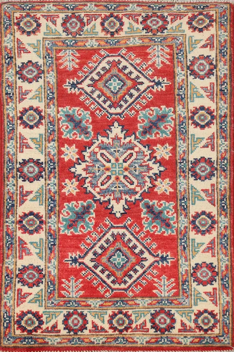 Red Wool Geometric Kazak Oriental Accent Rug 2x3