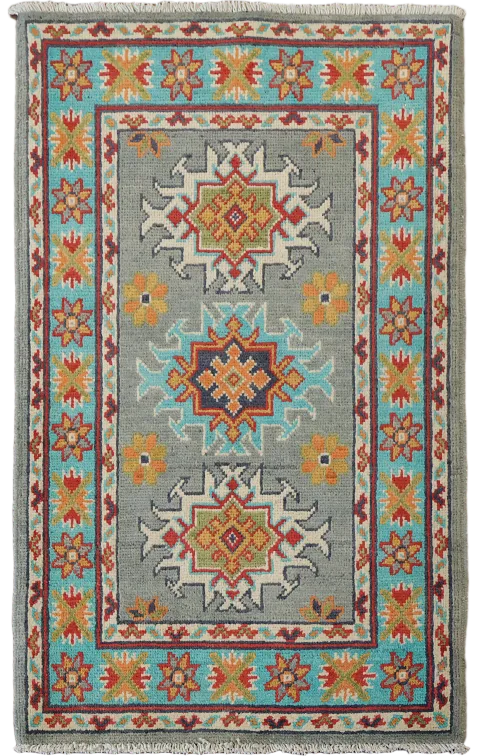 Gray & Turquoise Wool Kazak Oriental Foyer Rug 2x3