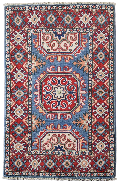 Blue Geometric Wool Kazak Oriental Foyer Rug 2x3