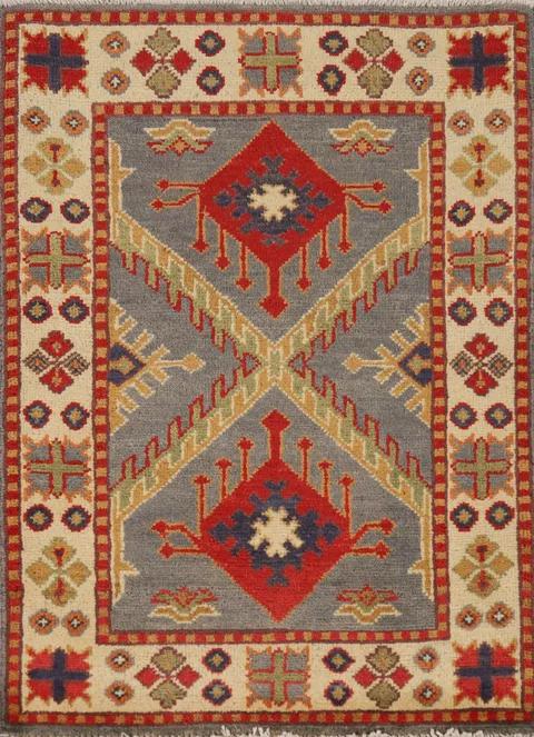 Gray Wool Geometric Kazak Oriental Foyer Rug 2x3
