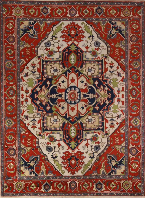 Ivory & Orange Wool Heriz Serapi Indian Area Rug 9x12