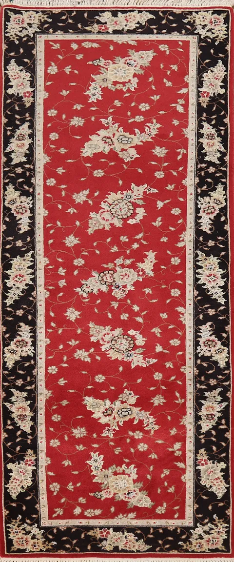 Wool & Silk Red Floral Tabriz Chinese Runner Rug 2x8