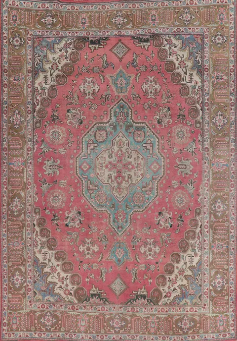 Pink Geometric Wool Tabriz Persian Area Rug 10x13