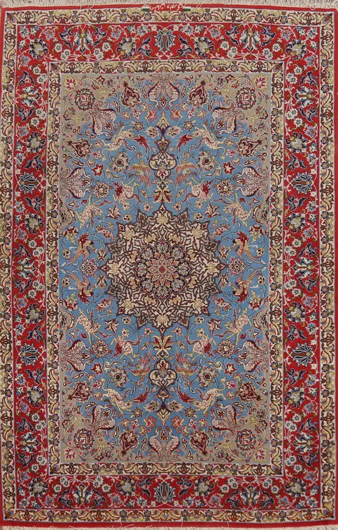 Vegetable Dye Wool & Silk Blue Signed Isfahan Persian Rug 4x6