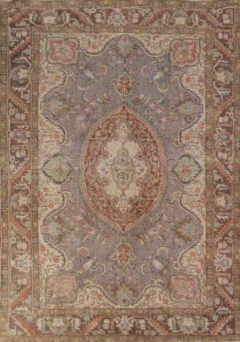 Gray Wool Medallion Tabriz Persian Area Rug 7x9