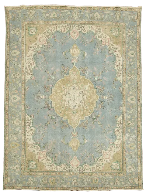 Vintage Distressed Blue and Beige Tabriz Persian Rug 10'x13'