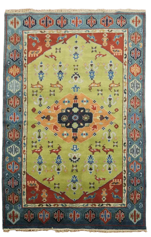 Animals Green Kazak Oriental Area Rug 5x8