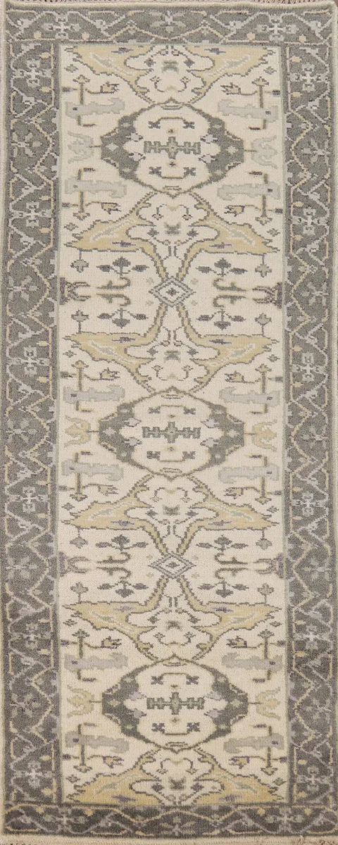 Ivory & Gray Wool Oushak Oriental Runner Rug 3x8