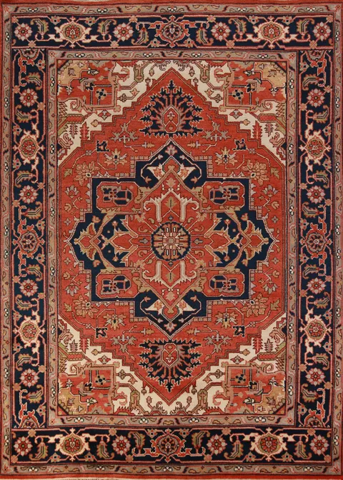 Orange Wool Medallion Heriz Serapi Indian Area Rug 9x12