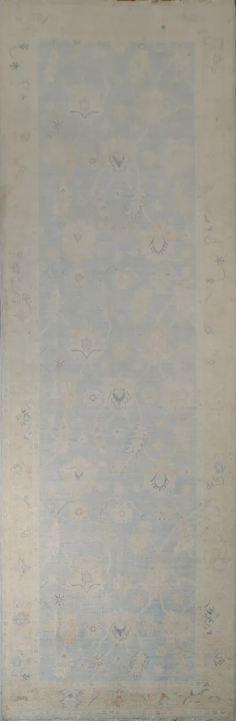 16' Muted Earth-Tone Blue & Ivory Oushak Runner - Handmade Turkish Wool Rug 5x16 ft