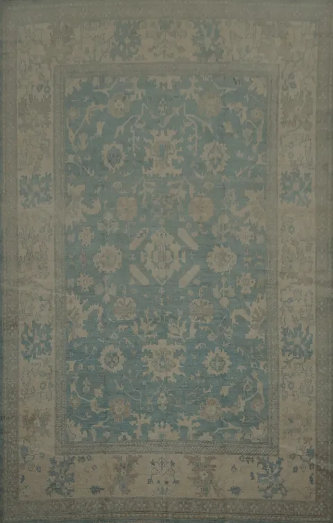 Elegant Oushak Area Rug 10x13 with Ornate Floral in Soft Blue Hues