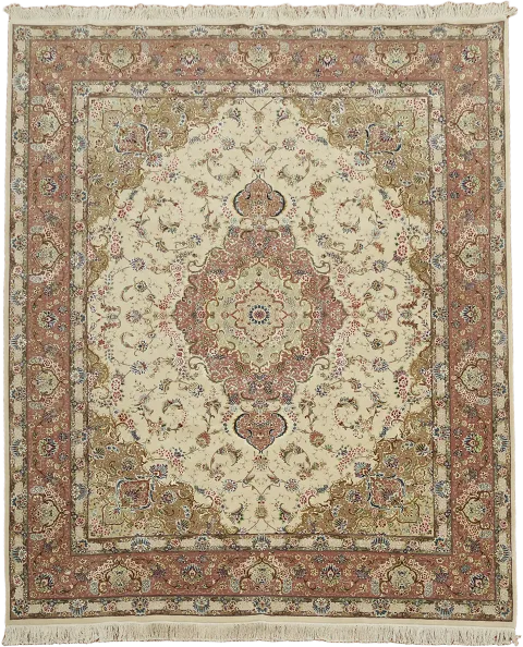 Luxurious Traditional Ivory and Coral Wool & Silk Tabriz Chinese Area Rug 8x10