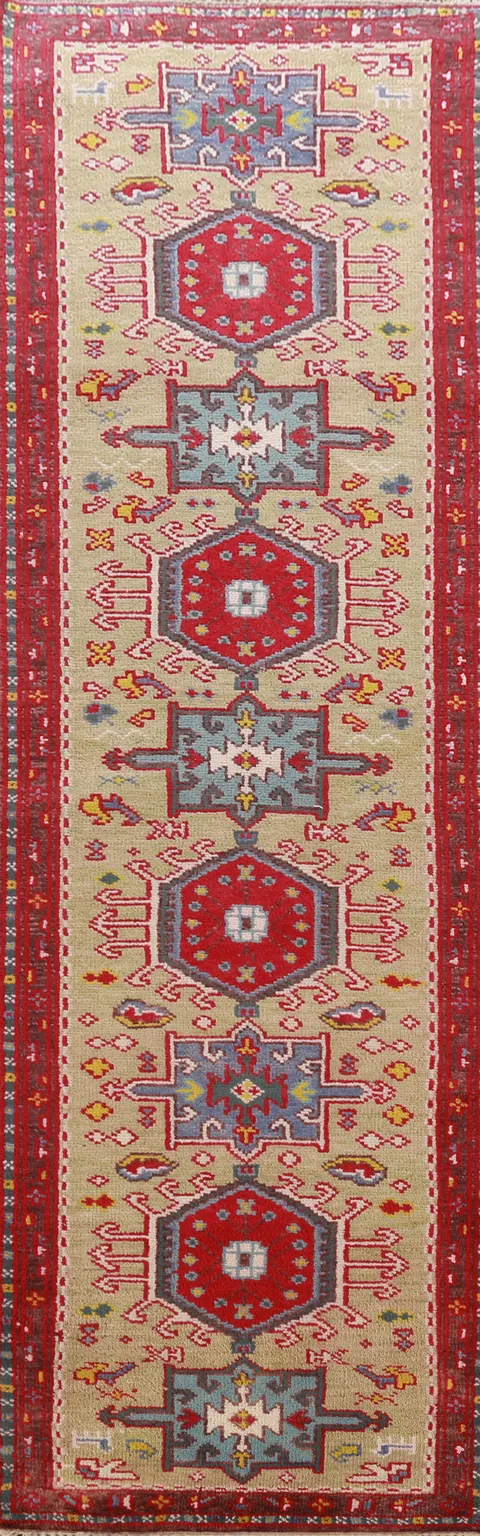 Green Geometric Khotan Indian Runner Rug 3x10